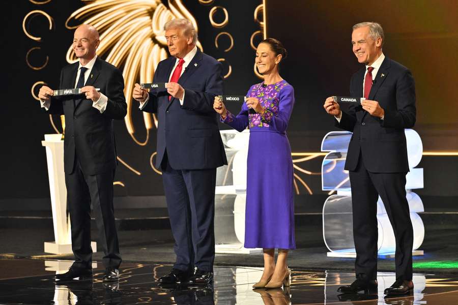 FIFA President Gianni Infantino, US President Donald Trump, Mexico's President Claudia Sheinbaum and Canada's Prime Minister Mark Carney during the draw