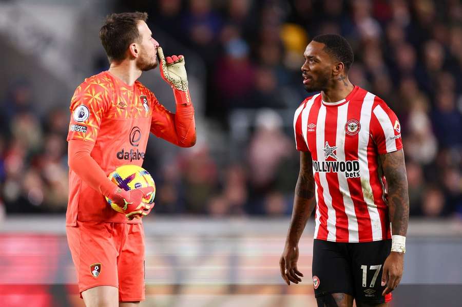 Neto of Bournemouth and Ivan Toney of Brentford have words during the match