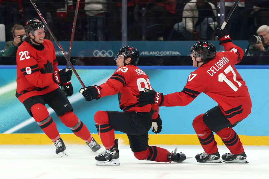 Mitch Marner celebrates his overtime goal for Canada