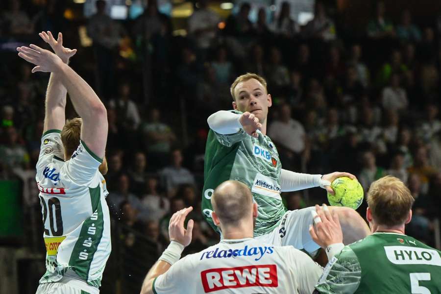 Scored six times: Mathias Gidsel (center).