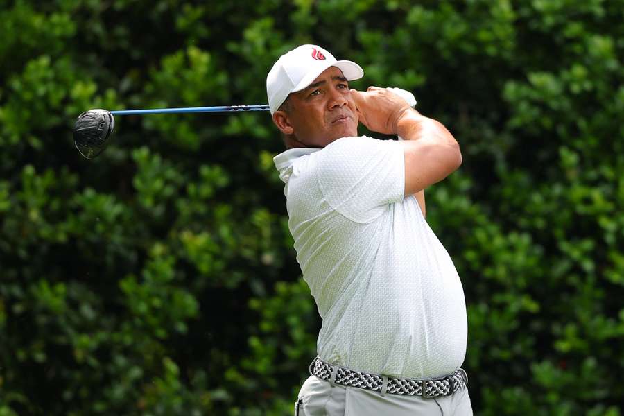 Jhonattan Vegas teeing off at the 12th hole during the first round of the 2025 PGA Championship