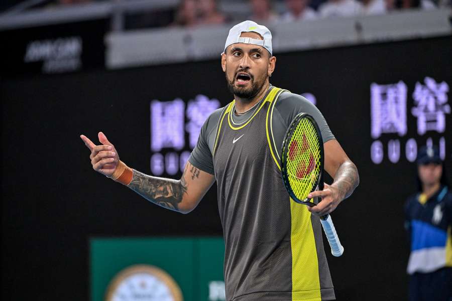 Nick Kyrgios reacts between points against Jacob Fearnley
