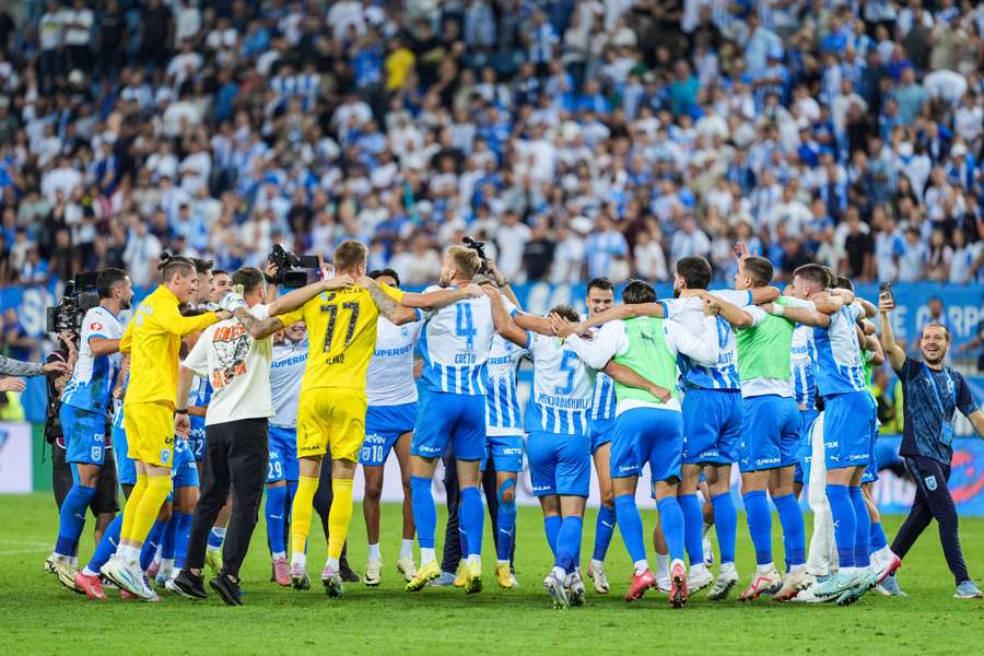 CS Universitatea Craiova celebrate making the UEFA Conference League proper. CS Universitatea Craiova celebrate making the UEFA Conference League proper.