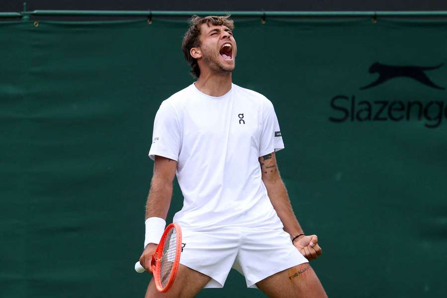 Cobolli celebrates reaching the Wimbledon quarter-finals Cobolli celebrates reaching the Wimbledon quarter-finals