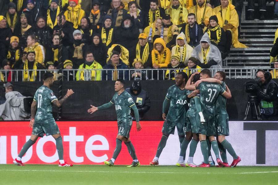 Tottenham players celebrate after scoring against Bodo/Glimt