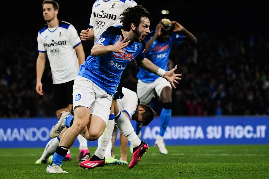 Napoli's Georgian forward Khvicha Kvaratskhelia celebrates after opening the scoring