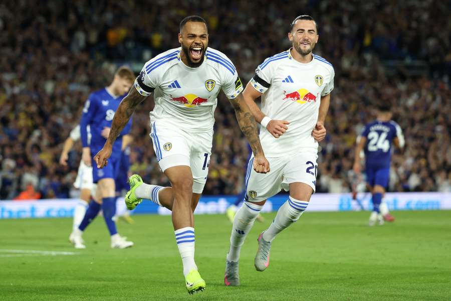Leeds United's German striker #14 Lukas Nmecha (L) celebrates after scoring the opening goal from the penalty spot Leeds United's German striker #14 Lukas Nmecha (L) celebrates after scoring the opening goal from the penalty spot