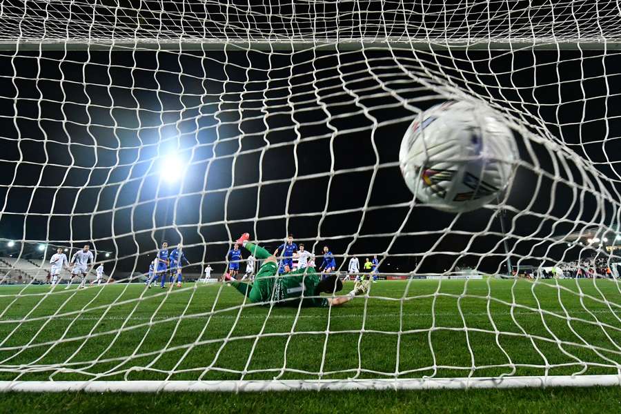 A general goalmouth view of a South Melbourne FC home game at Lakeside Stadium.