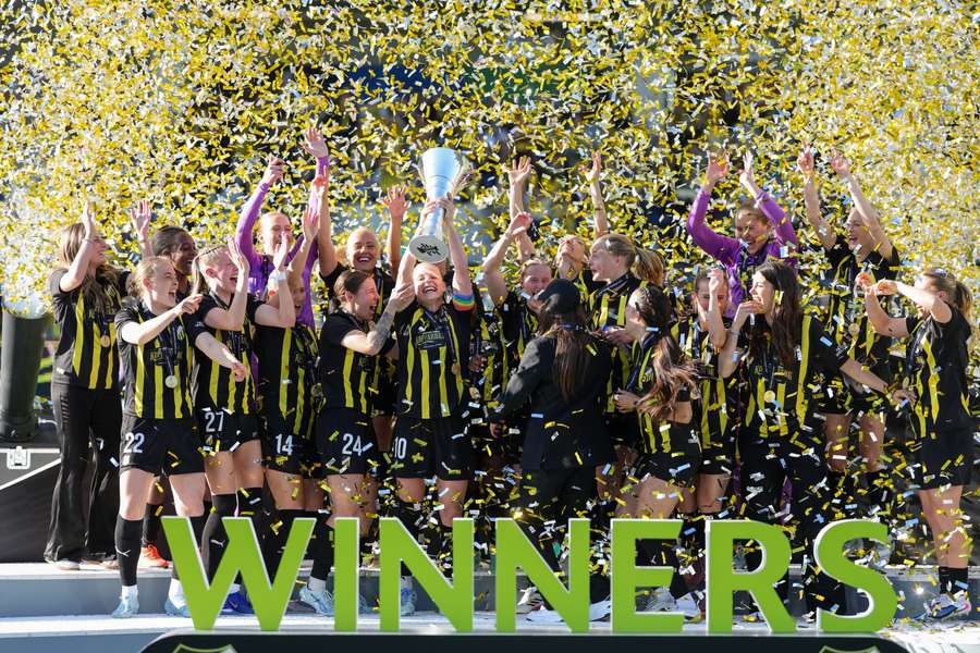 BK Hacken lift the trophy after winning the UEFA Women's Europa Cup.