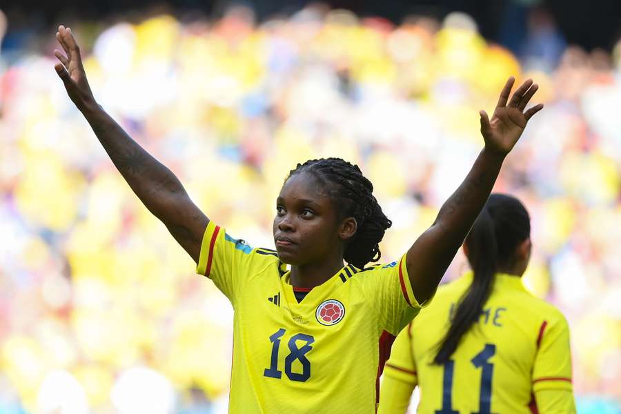 Colombia's forward #18 Linda Caicedo celebrates scoring her team's second goal against South Korea