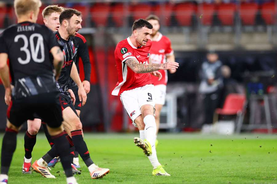 AZ Alkmaar's Troy Parrott scores their first goal against Sparta Prague