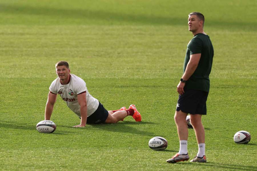 Lions kicking coach Johnny Sexton works with Owen Farrell at a training run in Adelaide.