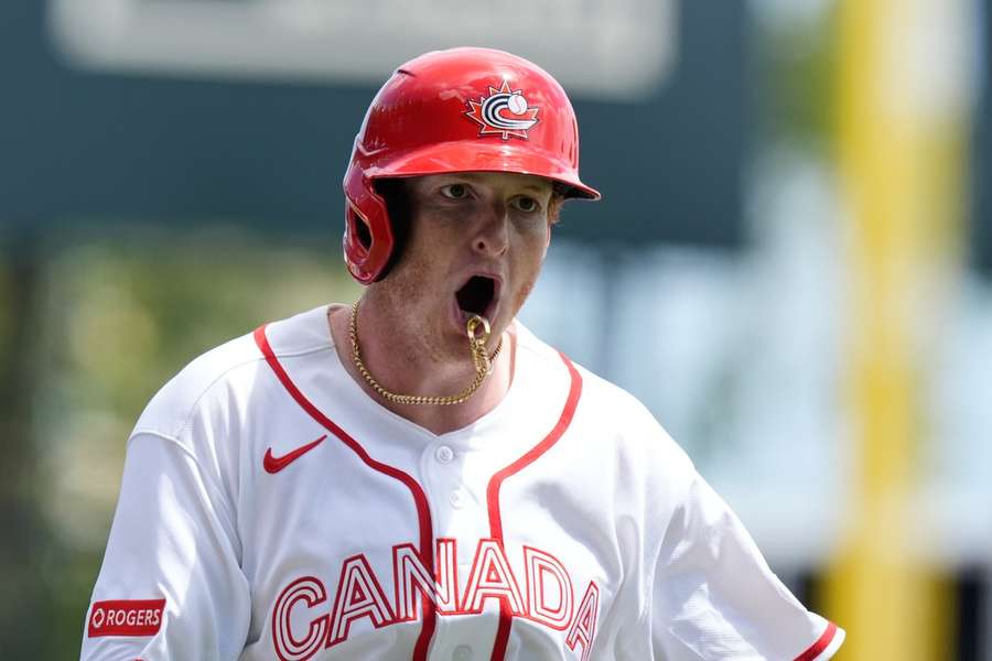 Owen Caissie celebrates his home run for Canada