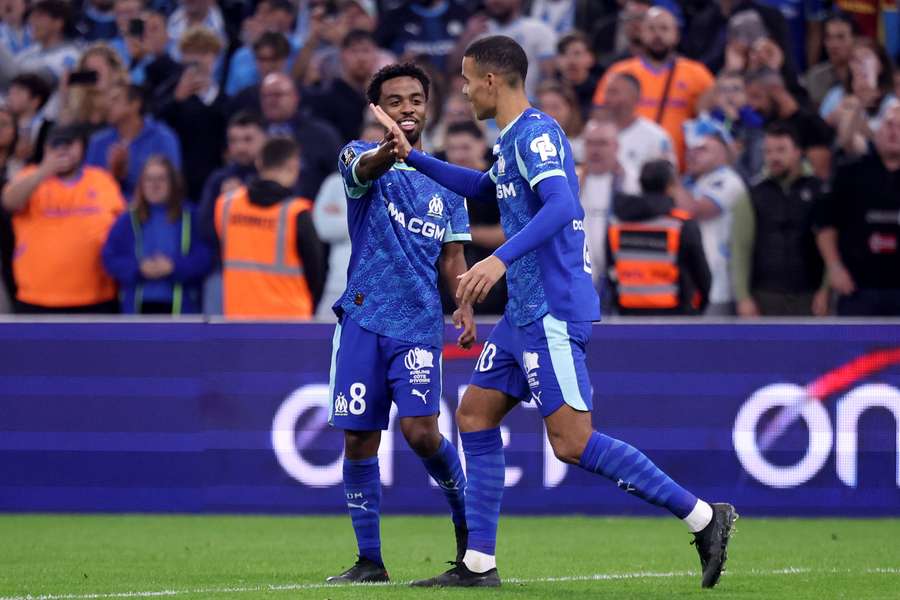 Marseille's Angel Gomes, left, and Mason Greenwood both netted in the win Marseille's Angel Gomes, left, and Mason Greenwood both netted in the win