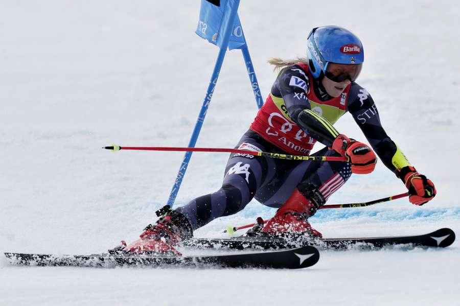 Mikaela Shiffrin in actie op de reuzenslalom deze zondag