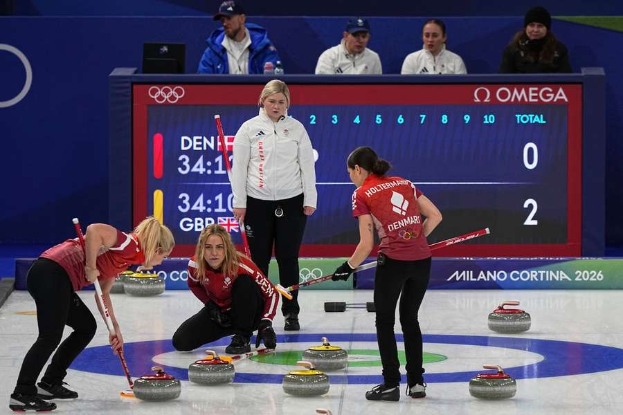 Denmark's Madeleine Dupont, Denise Dupont, Jasmin Holtermann and Britain's Sophie Jackson in action during the match Denmark's Madeleine Dupont, Denise Dupont, Jasmin Holtermann and Britain's Sophie Jackson in action during the match