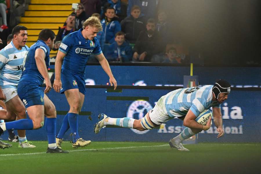 Milestone man Matías Alemanno seen scoring a try against Italy in 2024. Milestone man Matías Alemanno seen scoring a try against Italy in 2024.