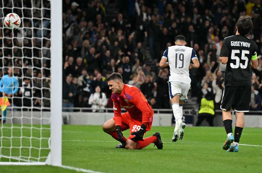 Tottenham Hotspur's English striker #19 Dominic Solanke runs off to celebrate after scoring