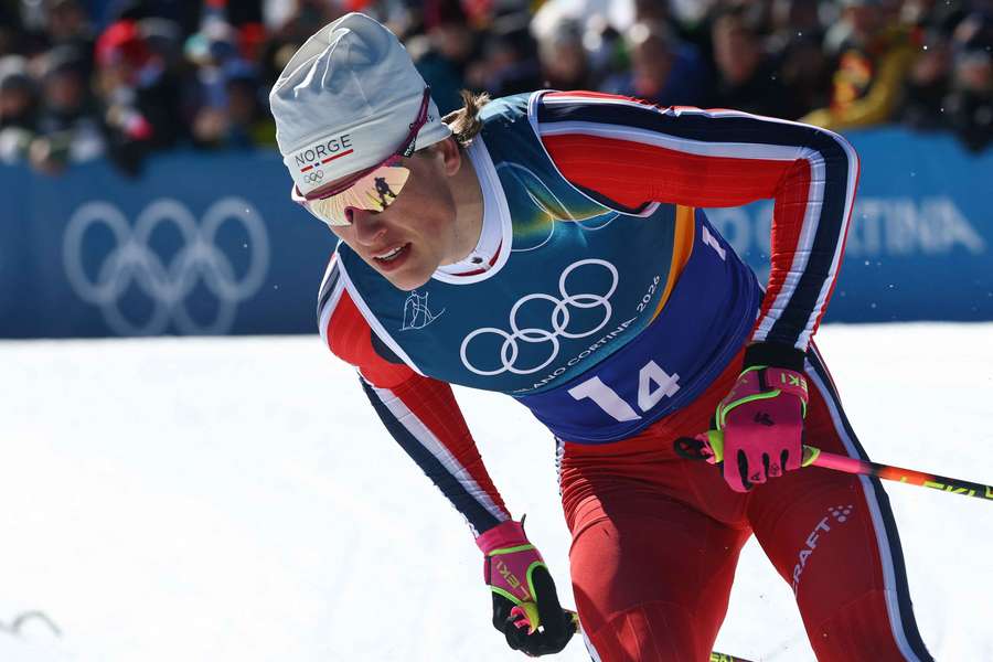 Johannes Hoesflot Klaebo of Norway in action during the men's 4x7.5km relay