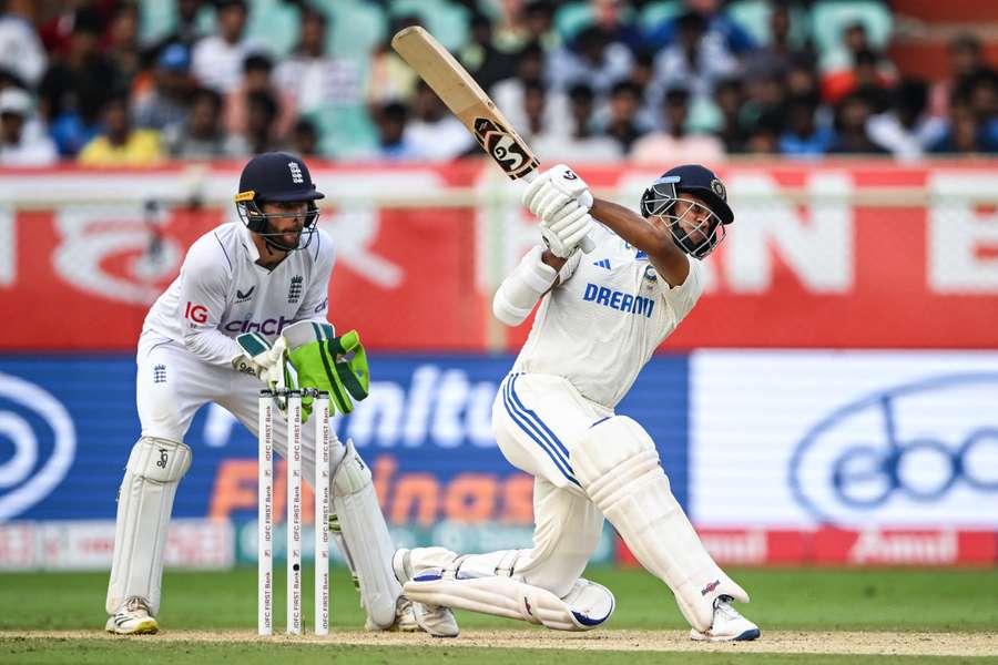 India's Yashasvi Jaiswal plays a shot on his way to 179 not out on the first day of the second Test against England in Visakhapatnam