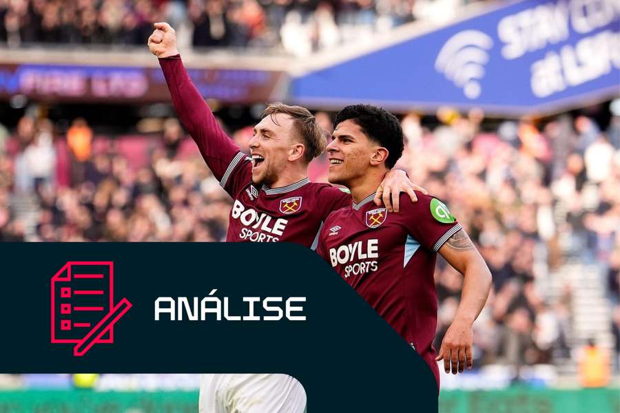 Mateus Fernandes (à direita), do West Ham United, comemora o golo com Jarrod Bowen