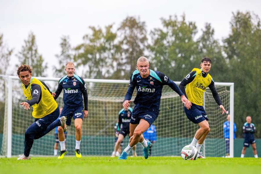 Erling Haaland takes part in a training session for Norway on Wednesday