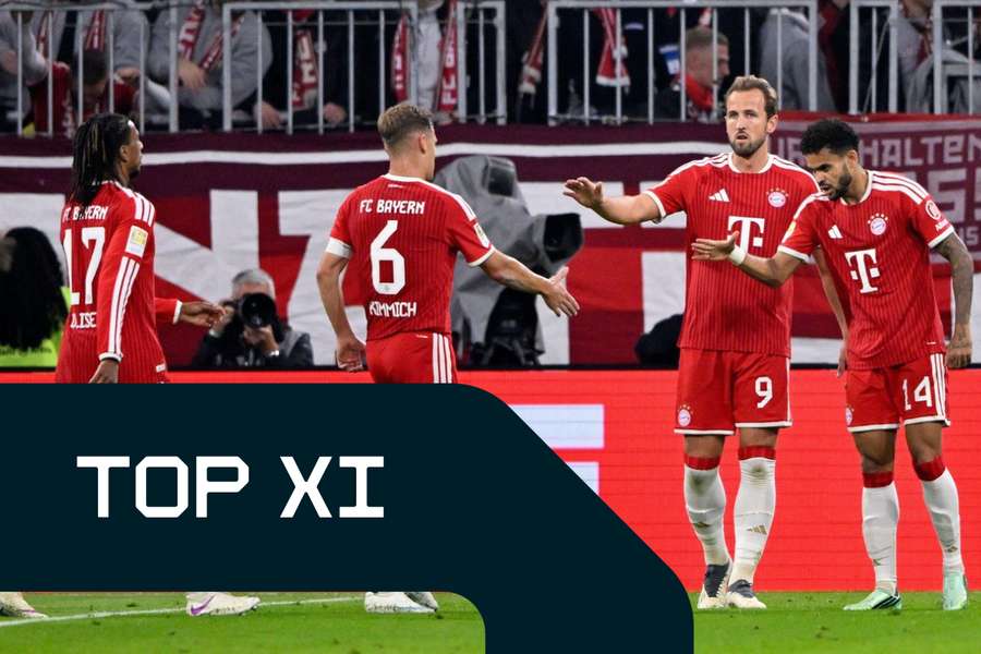 Viermal Bayern, viermal Elf der Woche: Von links nach rechts feiern Olise, Kimmich, Kane und Díaz ein Schützenfest