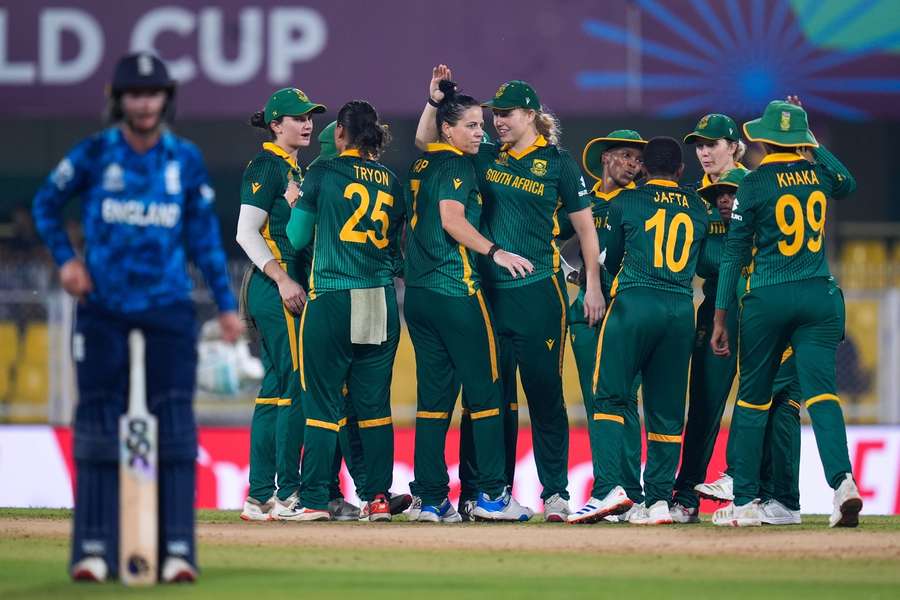 South Africa's Marizanne Kapp celebrates the wicket of England's Sophia Dunkley