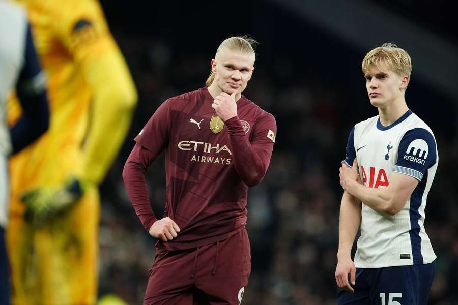 Man City's Erling Haaland (centre) and Tottenham's Lucas Bergvall during the match on 26 February 2025.