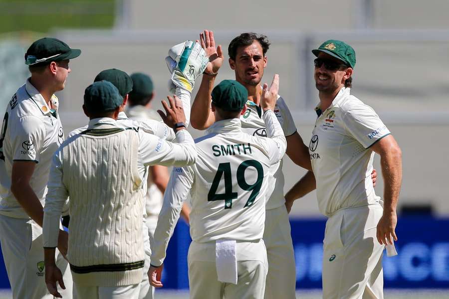 Mitchell Starc of Australia celebrates a wicket with team-mates