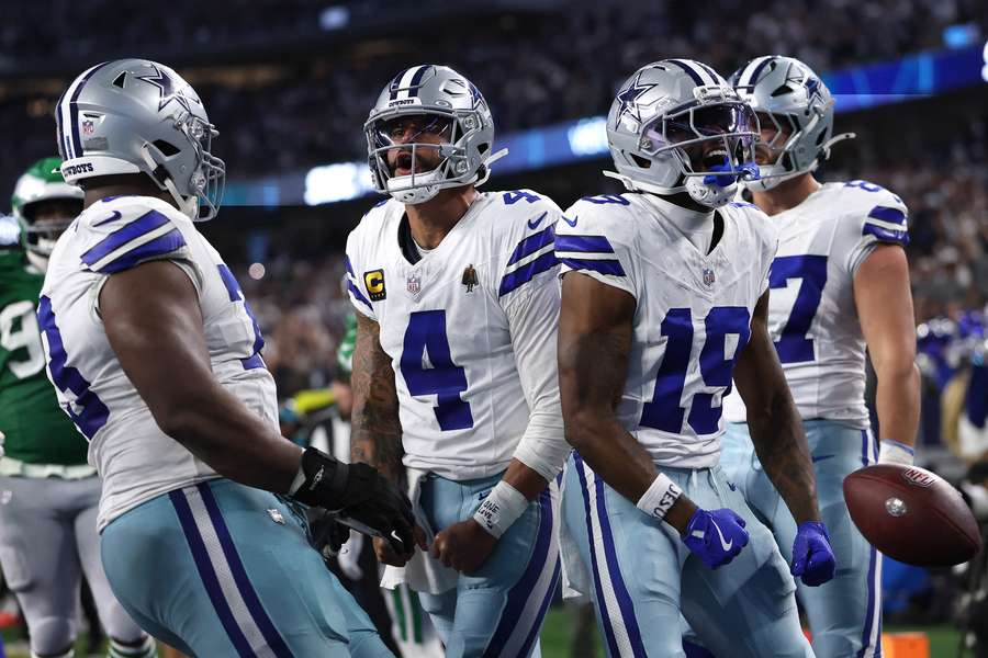 Dallas Cowboys players celebrate a touchdown against the Philadelphia Eagles in Week 12 of the 2025 NFL season