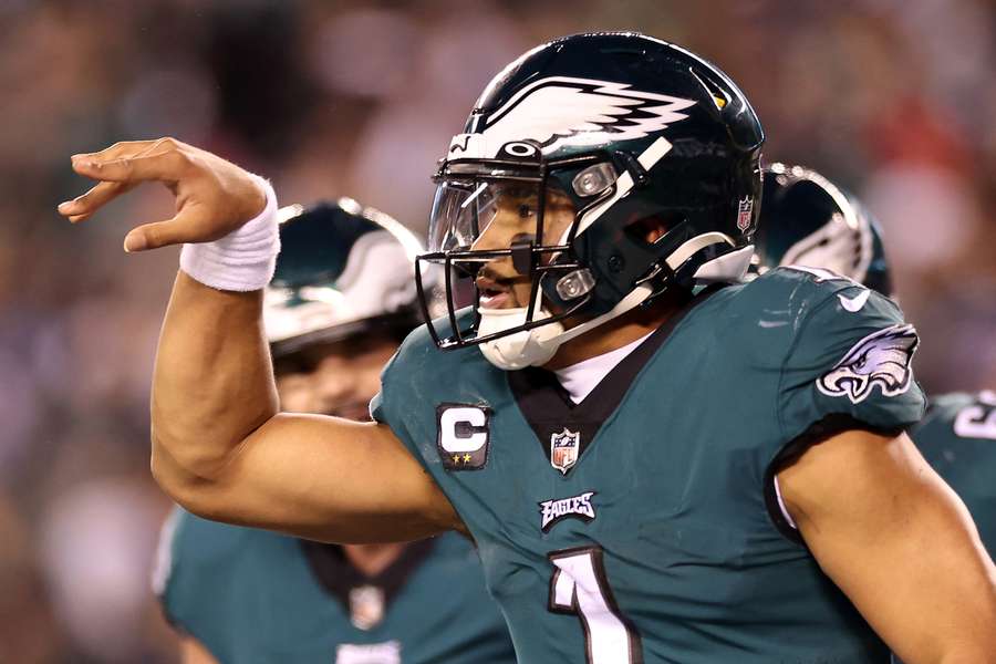 Jalen Hurts #1 of the Philadelphia Eagles celebrates after scoring a touchdown