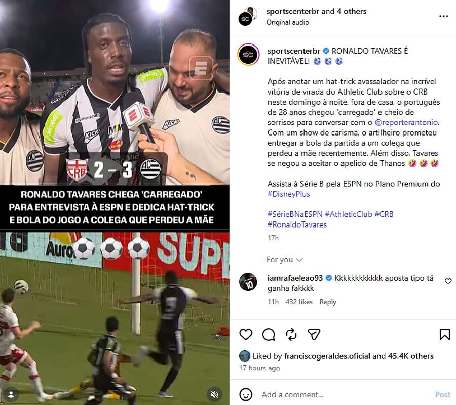 O comentário de Rafael Leão no vídeo de Ronaldo Tavares publicado pela ESPN O comentário de Rafael Leão no vídeo de Ronaldo Tavares publicado pela ESPN