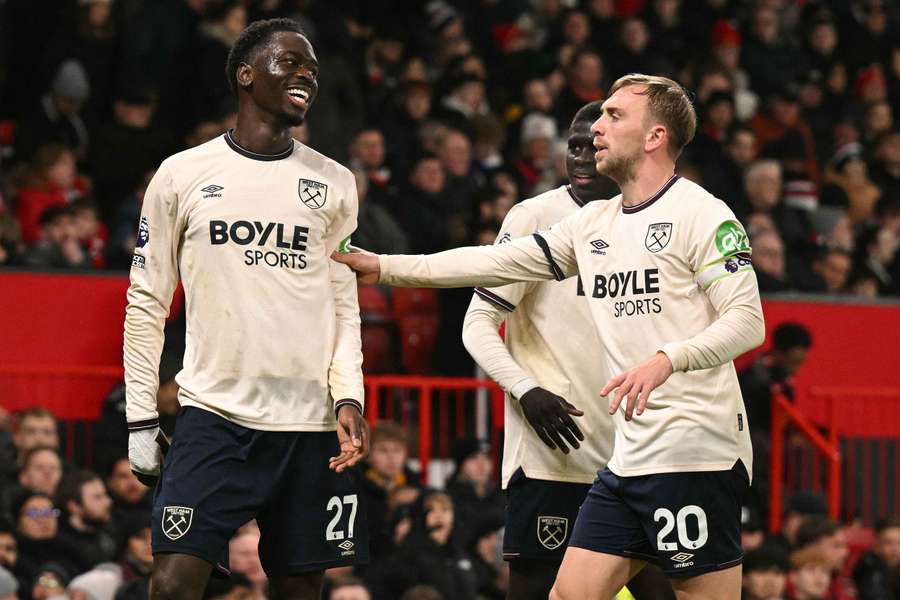 West Ham celebrate Soungoutou Magassa's late goal