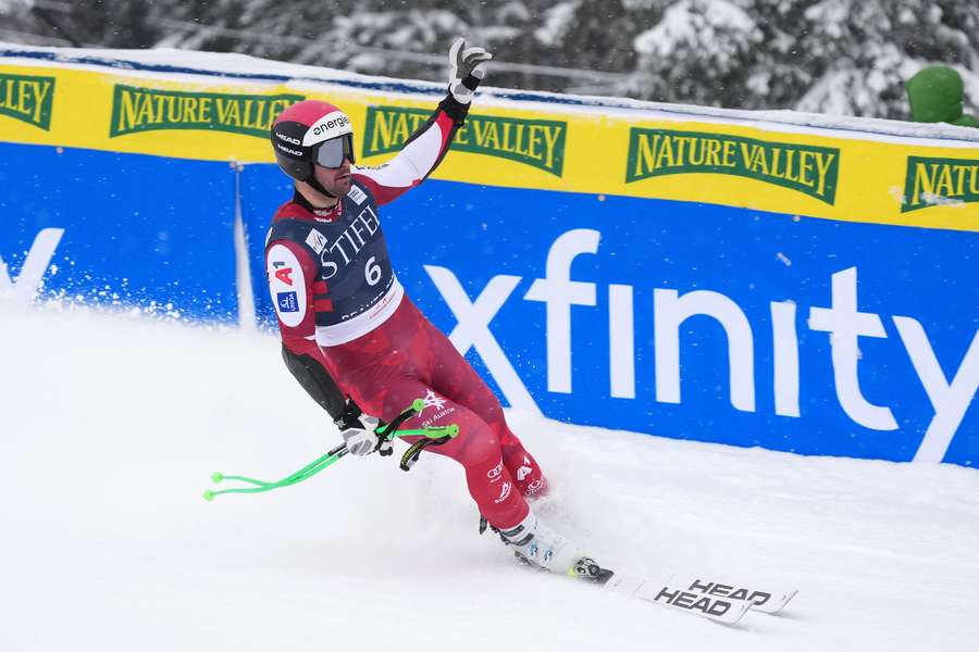 Vincent Kriechmayr of Austria reacts during the men's Super G alpine skiing race during the FIS World Cup at Birds of Prey