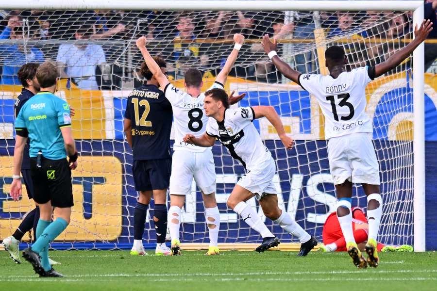 Parma celebrate their winner against Juventus