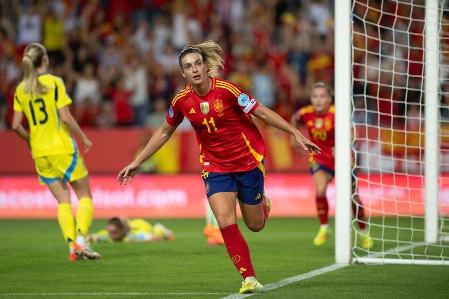 Spain's midfielder #11 Alexia Putellas celebrates scoring her team's third goal Spain's midfielder #11 Alexia Putellas celebrates scoring her team's third goal