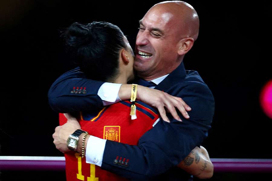 Spain's Jennifer Hermoso celebrates with former President of the Spanish Football Federation Luis Rubiales after the World Cup final 