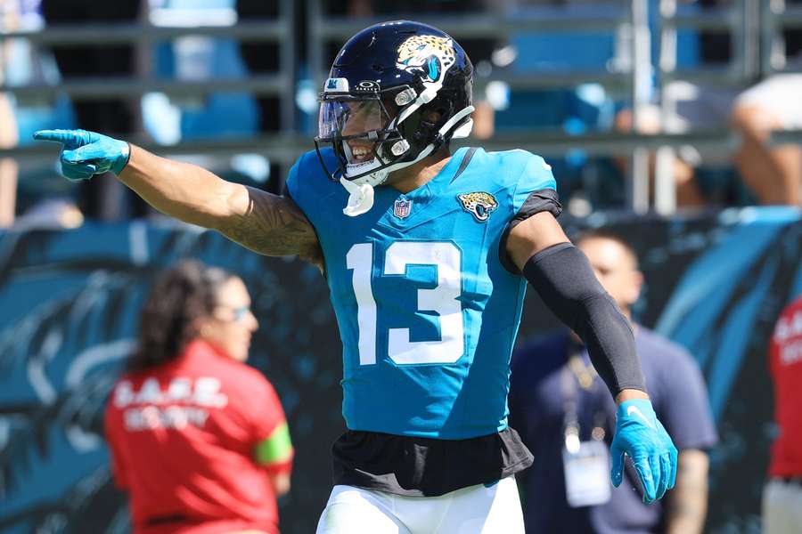Jaguars wide receiver Christian Kirk celebrating after a first-down catch (2023)