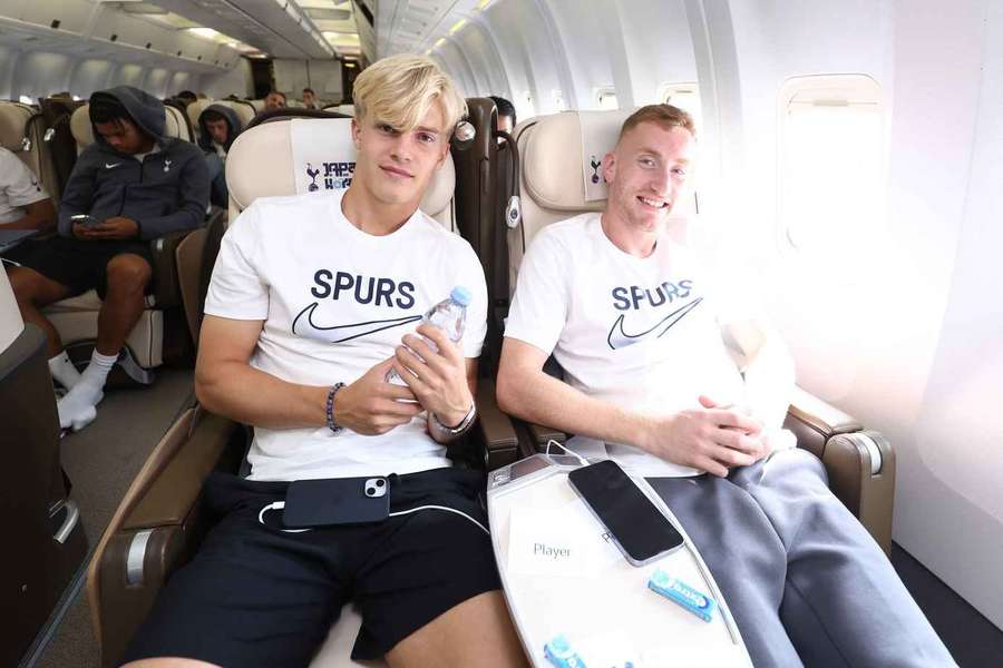 Lucas Bergvall and Dejan Kulusevski of Tottenham Hotspur