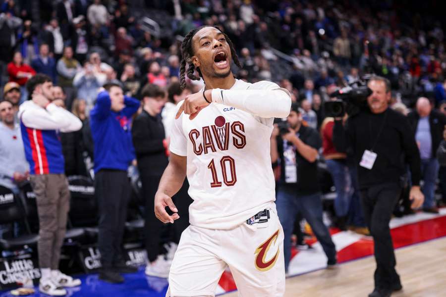 Cleveland Cavaliers guard Darius Garland celebrating after making the game-winning shot against the Detroit Pistons