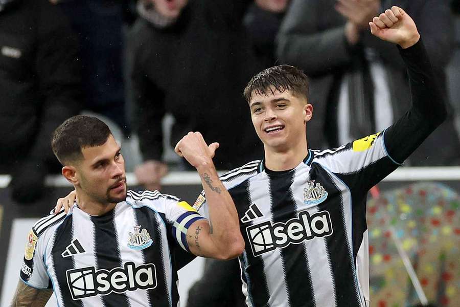Lewis Miley of Newcastle United (R) celebrates scoring his team's second goal Lewis Miley of Newcastle United (R) celebrates scoring his team's second goal