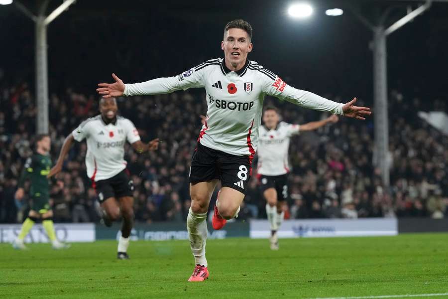 Fulham's Harry Wilson celebrates scoring his second goal against Brentford