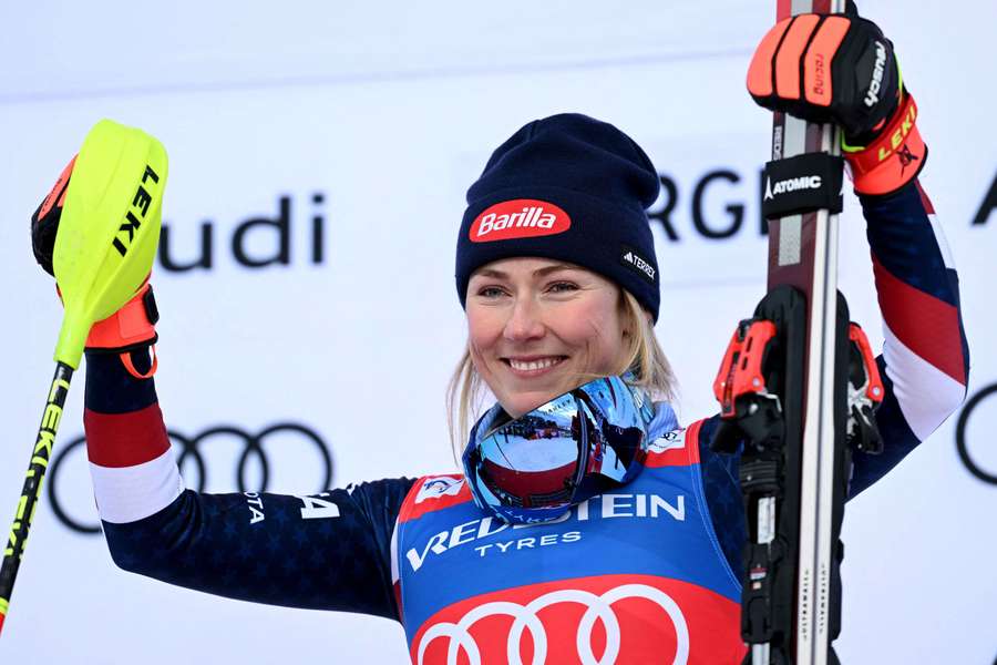 Mikaela Shiffrin of the US celebrates on the podium after winning the women's slalom in Gurgl, Austria