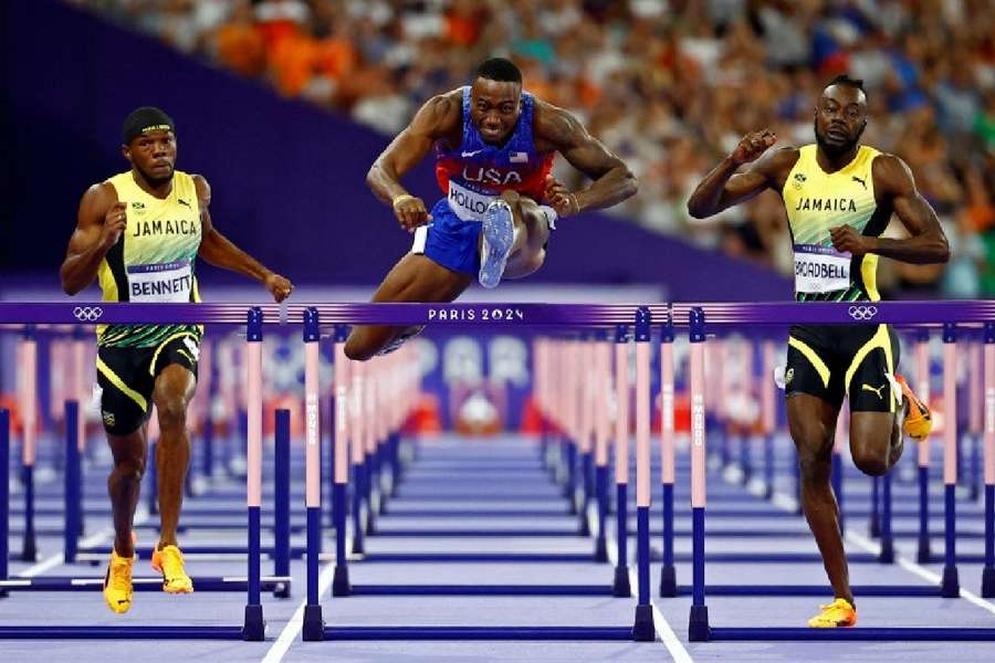 Grant Holloway of United States in action before winning gold