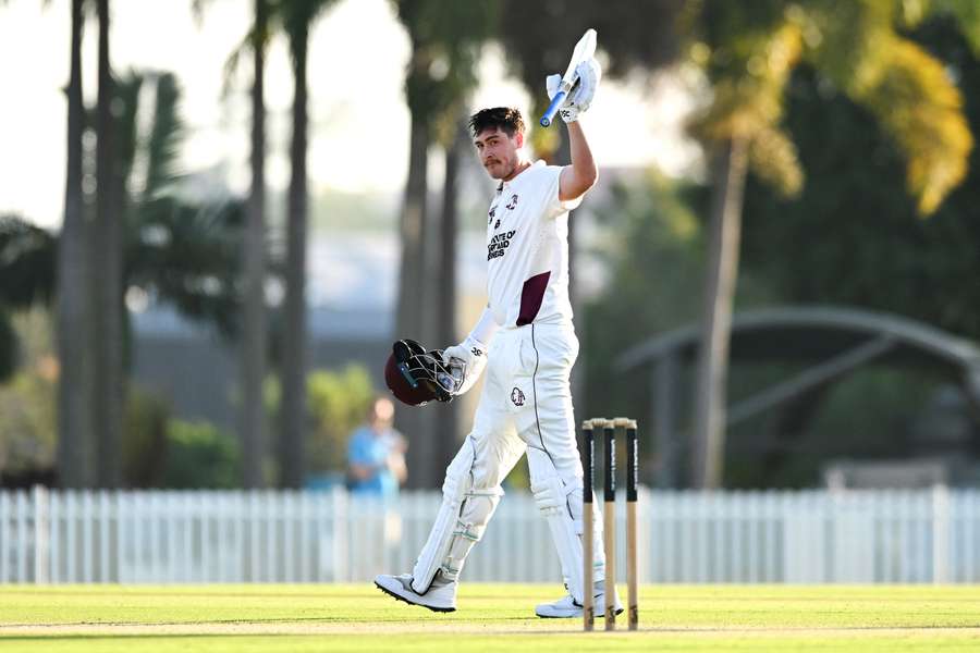 Matt Renshaw celebrates a Sheffield Shield century against South Australia at the weekend.