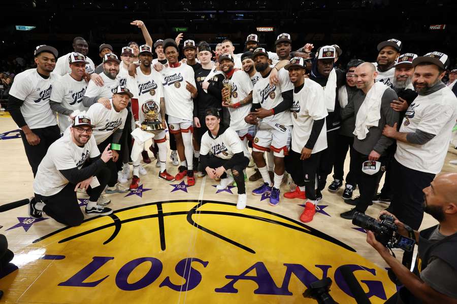 The Nuggets pose after their Western Conference win over the LA Lakers