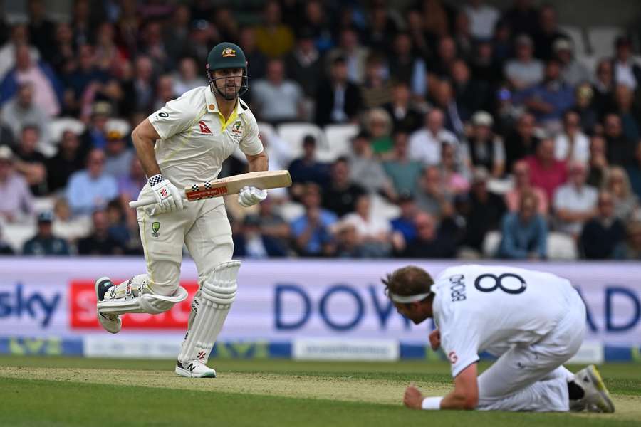 Stuart Broad fails to stop Mitchell Marsh from making a run on the first day of the third Ashes Test