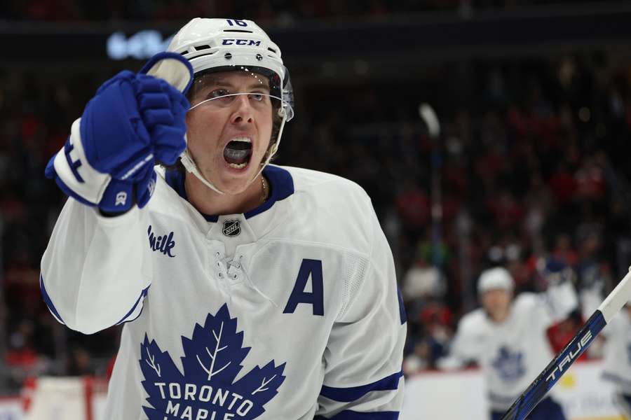 Toronto Maple Leafs' Mitch Marner celebrating after a goal 
