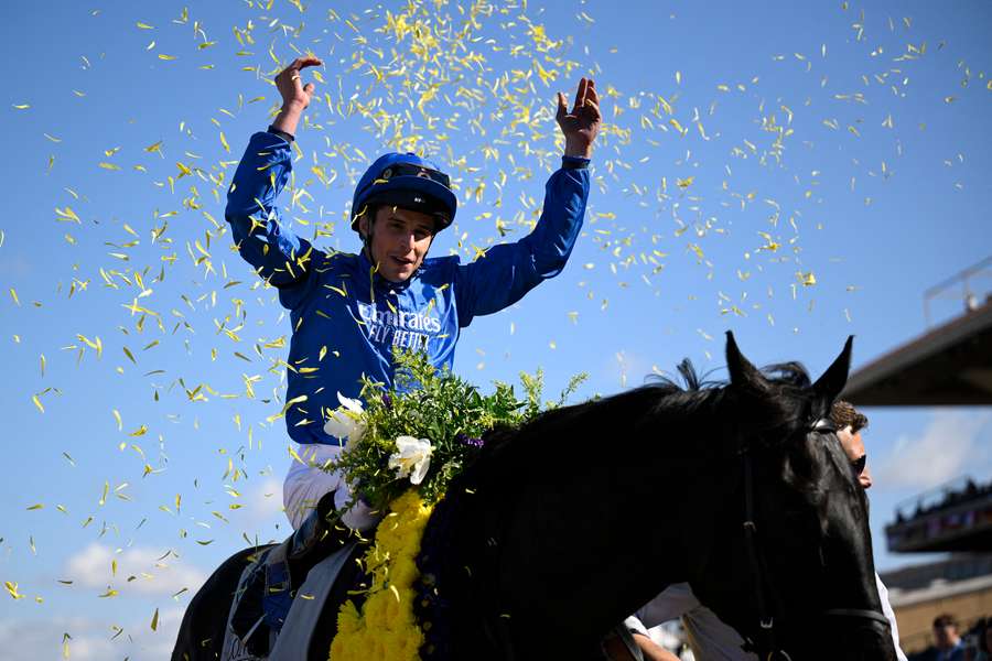 Rebel's Romance ridden by William Buick celebrates after winning the Breeders' Cup Turf race on day two of the 2024 Breeders' Cup World Championships